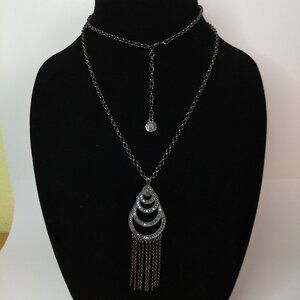 Liz Claiborne Black Tone Social Tower Rhinestone Dangle Fringe Pendant Statement
